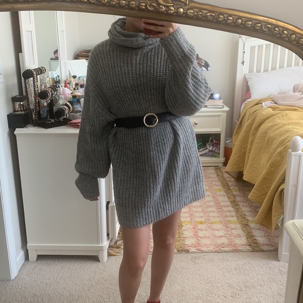Vince Camuto Sweater S Gray Oversized Tunic Dress Turtleneck Knit Slouchy Chunky